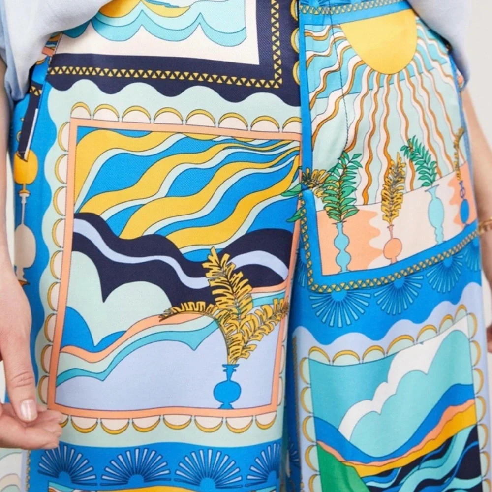 Anthropologie Blue Green Yellow Patchwork Wide-Leg Pants - Picture 2 of 13